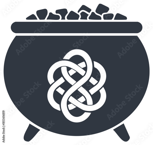 St. Patrick's Day leprechaun cauldron full of gold with a Celtic knot design