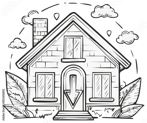 House with Arrow Doorway Sketch Illustration Hand Drawn Style Property Investment Concept