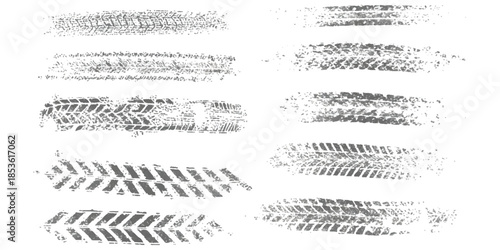 Distressed grunge tire track imprints set for graphic design and texture elements