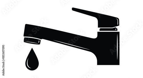 A striking black and white illustration of a modern faucet with a single water drop silhouette