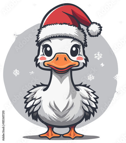 Adorable cartoon duck in a Santa hat celebrating Christmas with snowflakes