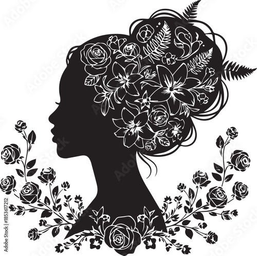 Silhouette of a woman with flowers in her hair and floral accents