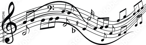 Abstract musical notes flowing on staff, elegant black and white melody background for music education, sound waves, artistic design illustration
