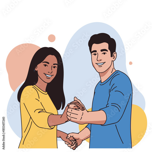 Smiling man and woman facing forward, standing close and holding hands in casual clothes with warm colors. Great for love‑themed posts, dating app visuals, and family or relationship content