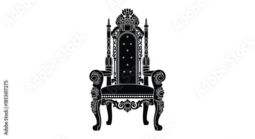 An ornate detailed black throne chair is prominently displayed with a striking silhouette