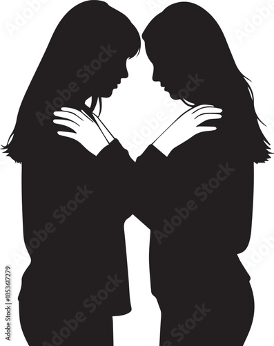 Two women in silhouette embracing with heads bowed in sadness or comfort