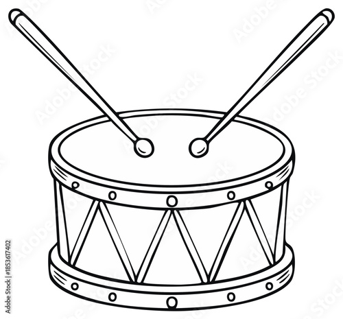 Simple Line Art Drawing of a Drum with Two Drumsticks Musical Percussion Instrument Illustration