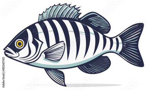 Stylized striped fish illustration with fins tail and yellow eye for aquatic life or marine design