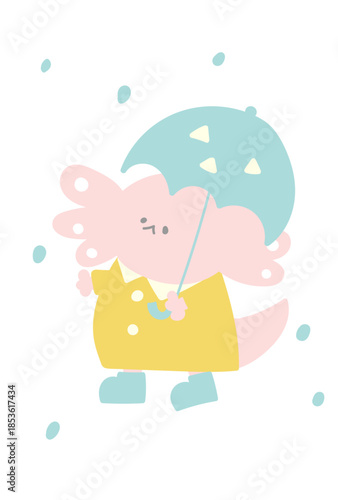 梅雨空で傘を持つウーパールーパー