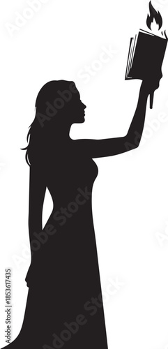 Silhouette of a woman holding a flaming torch aloft against a white background