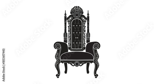 An ornate detailed throne chair design is prominently displayed in a striking black silhouette