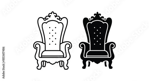 An elegant depiction of a regal armchair presented in both line art and solid black silhouette