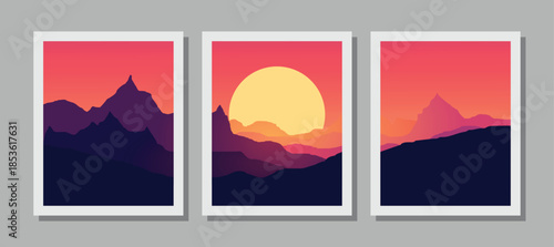 Vibrant mountain landscapes with stunning sunset views in modern art style
