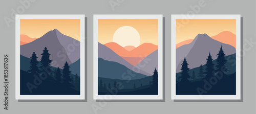 Stunning mountain landscape with trees at sunset in white frames