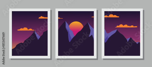Vibrant mountain landscape at sunset with purple and orange hues