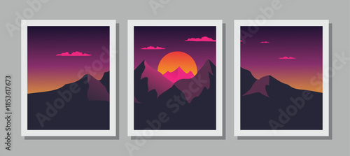 Vibrant mountain landscape at sunset with purple and orange hues