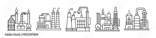 Industrial plants line art icons set; refinery, power station, factory