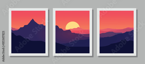 Vibrant mountain landscape art with sunset views in modern frames