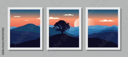 Vibrant mountain landscape with tree at sunset in triptych art