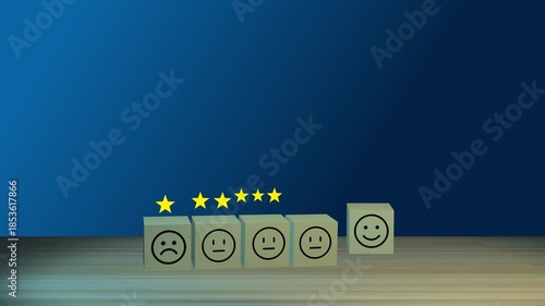 3D Animation of Cubes with Emoticons and Rating Stars Rising on Wood Table, Transitioning from Sad Face to Happy Smiley for Customer Satisfaction, Business Feedback, and Five Star Service Review.