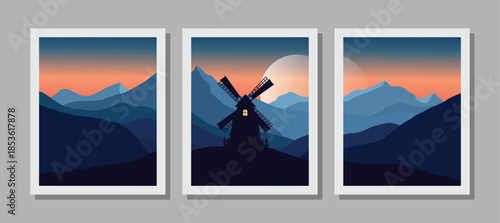 Vibrant mountain landscapes with windmill at sunset in white frames