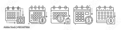 Financial calendar and payment management line icons set illustration