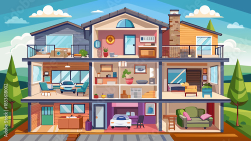 Clean flat vector cross-sectional view of a residential house, revealing furnished interior spaces such as bedroom, living area, kitchen, bathroom, nursery, and garage in a modern style