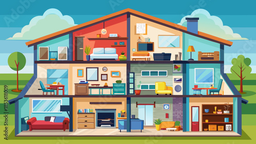 Clean flat vector cross-sectional view of a residential house, revealing furnished interior spaces such as bedroom, living area, kitchen, bathroom, nursery, and garage in a modern style