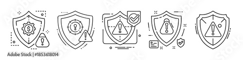 Financial and digital data security shield warning line icons set