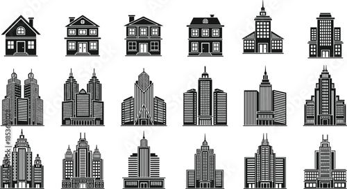 Modern blue building icons set, city skyline architecture collection, residential houses and skyscrapers, urban real estate symbols, flat vector illustration design