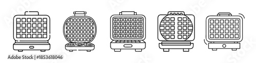 Set of line art waffle maker icons for breakfast and kitchen
