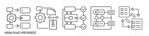 Process workflow, data management and analysis linear vector icons