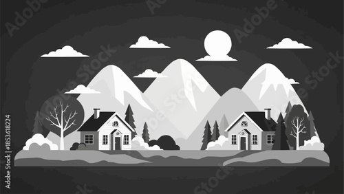 Stylized mountain landscape with houses and trees.
