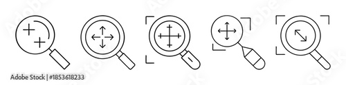Magnifying glass interface line icons for zoom, pan, and focus tools