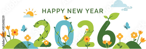 Happy New Year 2026 design with natural elements like trees, leaves, and a small waterfall, in a cartoon or hand-drawn style