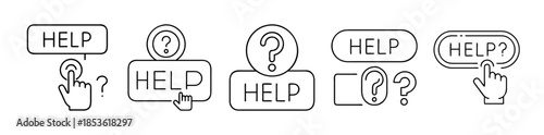 Help button and question mark line icons with hand for web support.