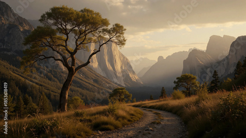 Majestic Valley Sunset Landscape with Winding Dirt Road and Lone Tree