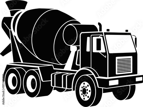 Black and White Silhouette of a Concrete Mixer Truck, an Essential Heavy Vehicle for Construction Sites, Delivering Fresh Cement Mix, Vector Icon.