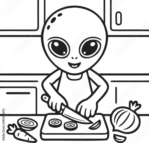 Cute alien preparing vegetarian food with knife at kitchen vector illustration