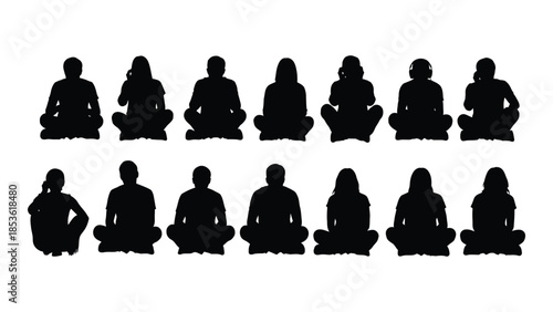 a series of black silhouettes depicting people in various seated yoga poses silhouette