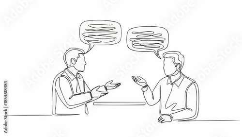 Two businessmen engaged in a conversation with speech bubbles above their heads.