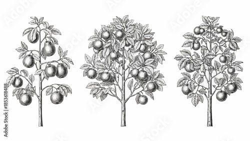 Three vintage botanical illustrations of fruit trees with apples.