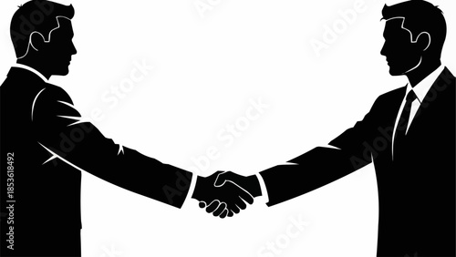 Two businessmen shaking hands in silhouette against a white background.