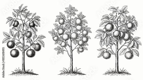 Three vintage illustrations of fruit trees with ripe fruit.