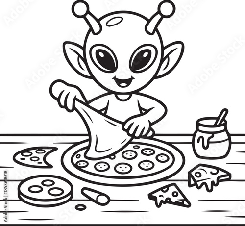 Happy alien chef preparing and putting pizza toppings on crust vector