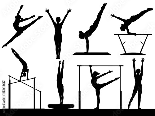 Dynamic collection of gymnasts showcasing strength, agility, and flexibility in various poses on different apparatus as black silhouettes.