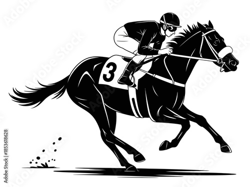 Vivid black and white illustration of a racehorse with its jockey, wearing number three, in full gallop, showing intense speed and competitive spirit.