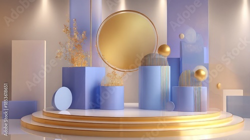 Elegant modern display with gold and purple geometric shapes