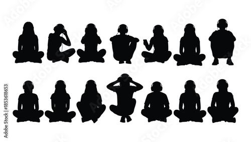 various yoga poses depicted in black silhouettes showing flexibility and mindful movement silhouette