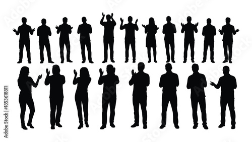 Diverse group of people in various poses shown in black silhouette